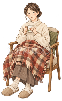 ひざ掛けでくつろぐ成人女性の水彩イラスト｜冬の暮らしの無料素材 104816