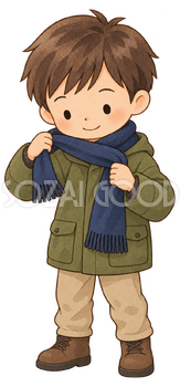 マフラーを巻く男の子の水彩イラスト｜冬の暮らしの無料素材 104817