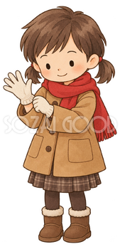 手袋をつける女の子の水彩イラスト｜冬の暮らしの無料素材 104818