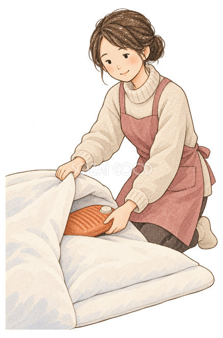湯たんぽを布団に入れる女性イラスト 湯たんぽを布団に入れる女性イラスト