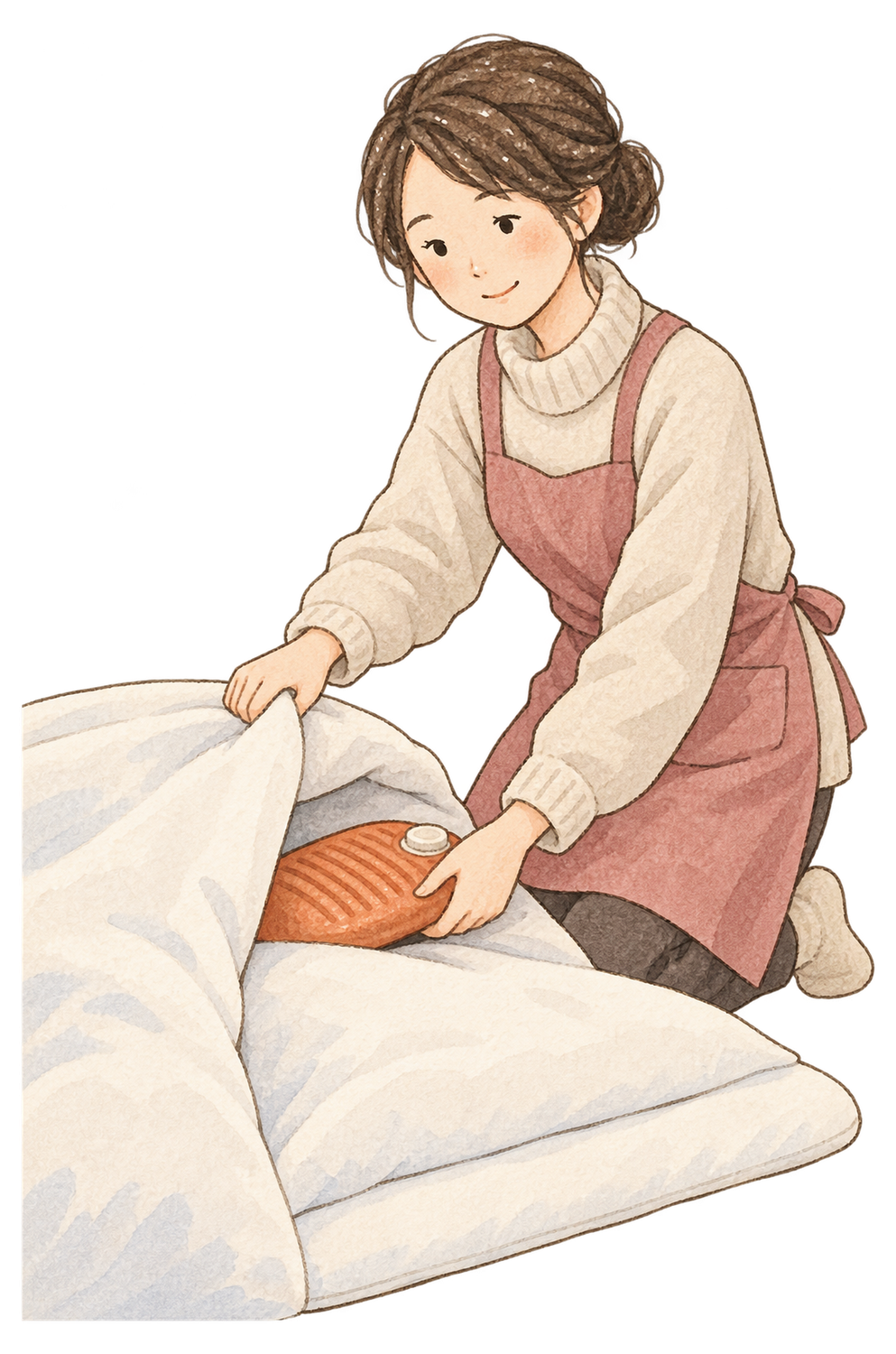 湯たんぽを布団に入れる女性の水彩イラスト｜冬の暮らしの無料素材 104820に写真・文字を入れる