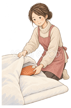 湯たんぽを布団に入れる女性の水彩イラスト｜冬の暮らしの無料素材 104820