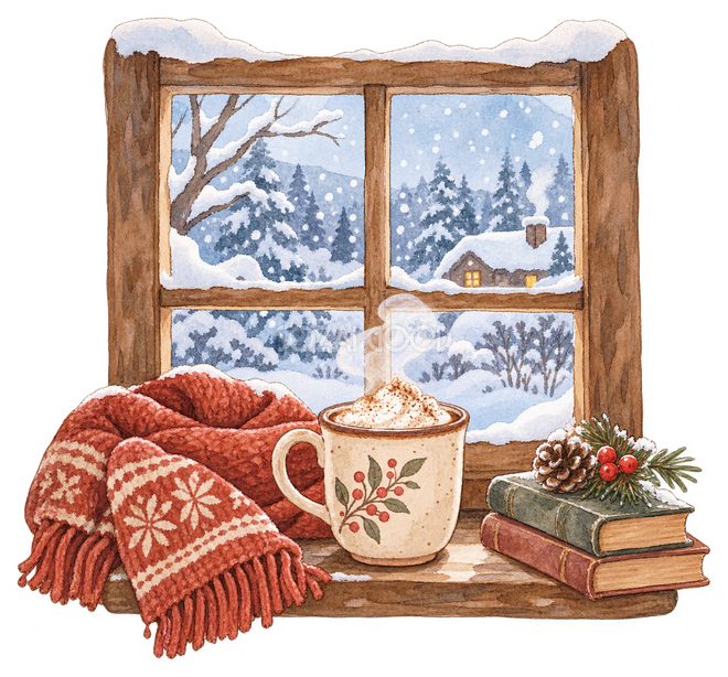 雪の窓辺と暖かい飲み物イラスト