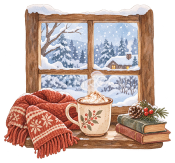 雪の窓辺と暖かい飲み物の水彩イラスト｜冬の暮らしの無料素材 104821