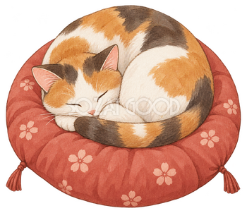 猫が丸くなる座布団の水彩イラスト｜冬の暮らしの無料素材 104823