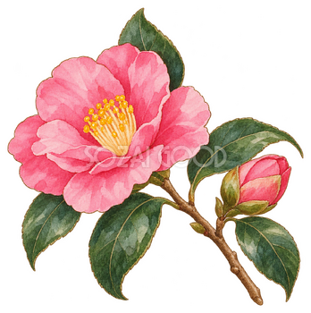 桃色の山茶花の水彩イラスト｜冬の花と鳥の無料素材 104829