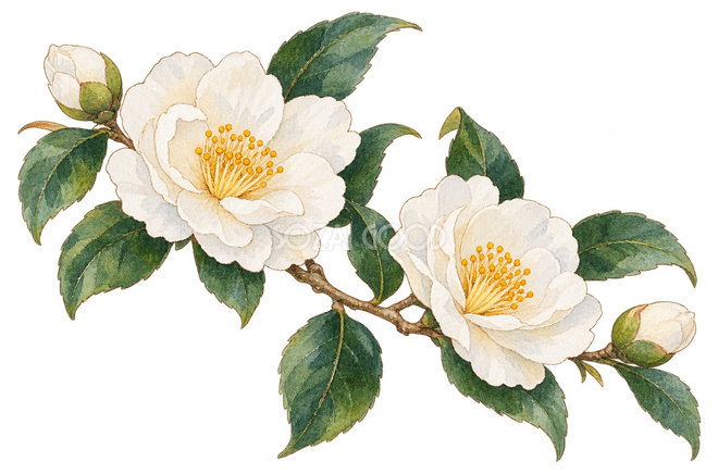 白い山茶花の枝イラスト