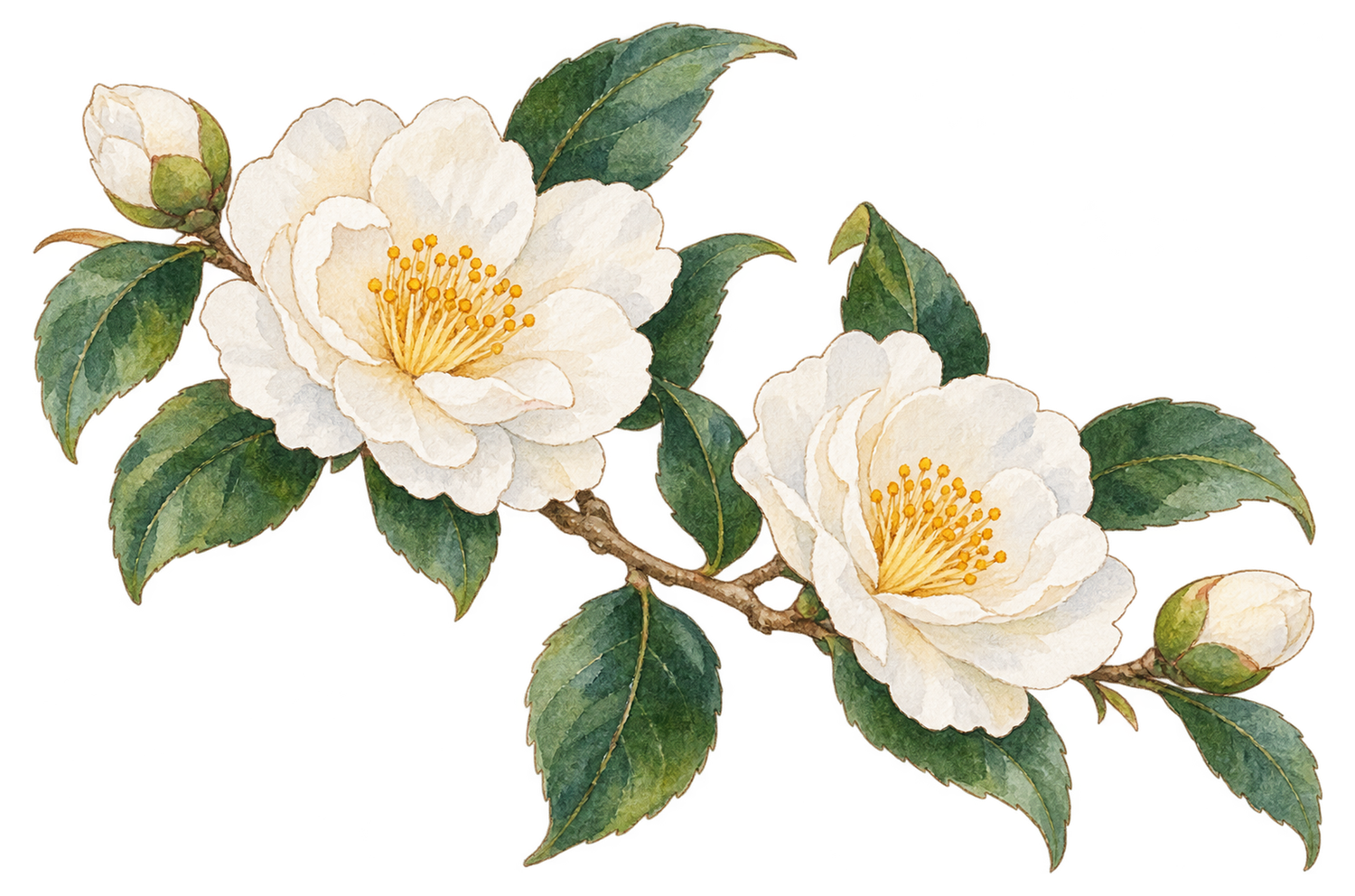 白い山茶花の枝の水彩イラスト｜冬の花と鳥の無料素材 104830に写真・文字を入れる