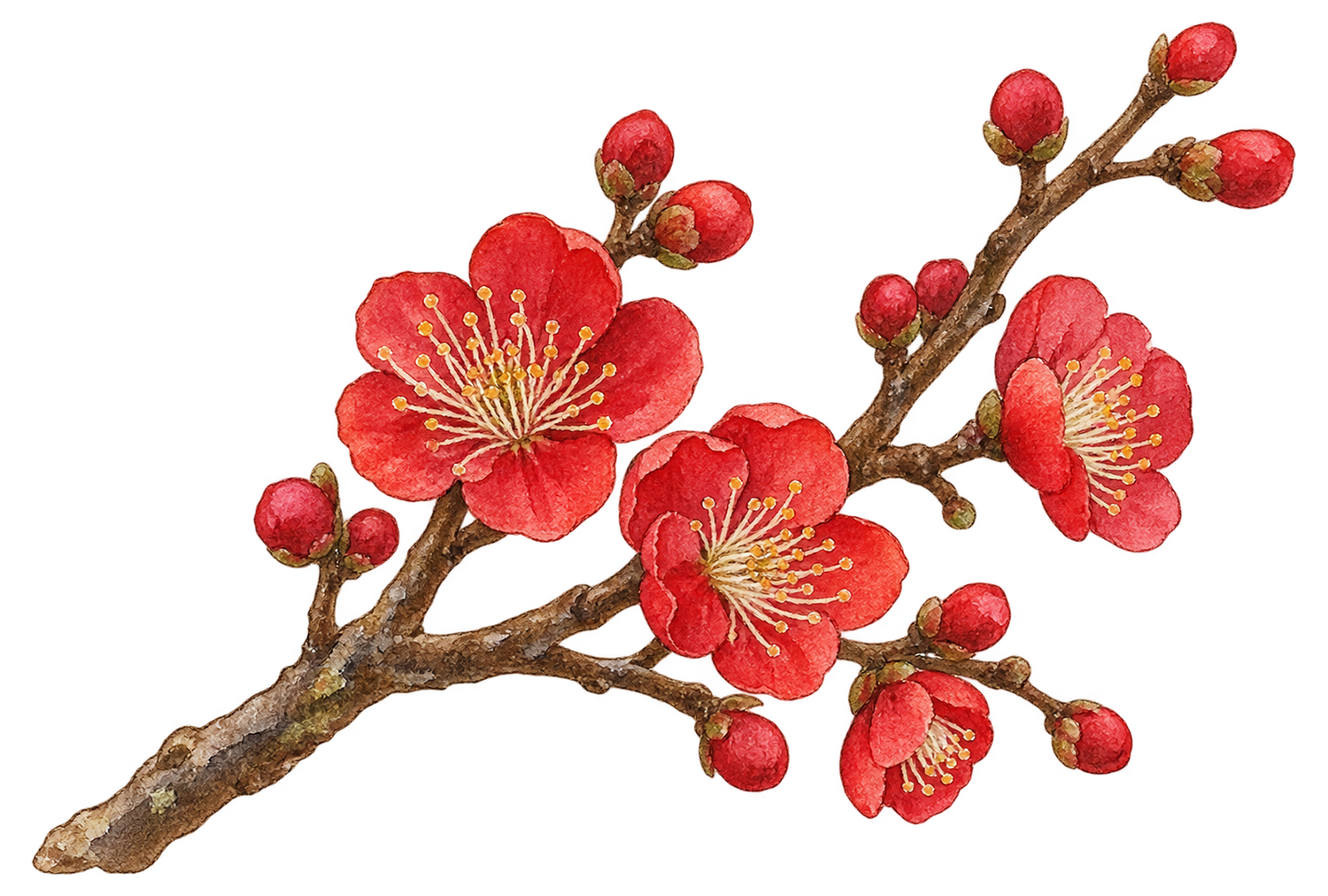 紅梅の小枝の水彩イラスト｜冬の花と鳥の無料素材 104837に写真・文字を入れる