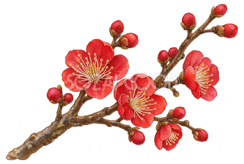 紅梅の小枝の水彩イラスト｜冬の花と鳥の無料素材 104837