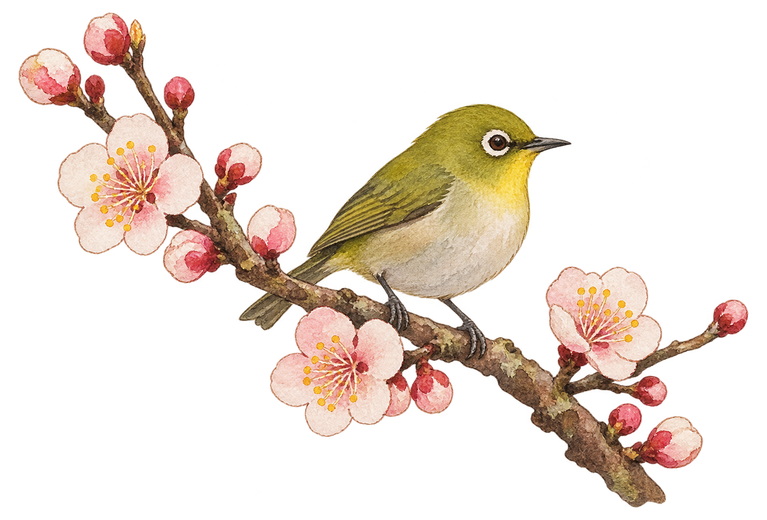 梅の枝に止まるメジロ一羽の水彩イラスト｜冬の花と鳥の無料素材 104852に写真・文字を入れる