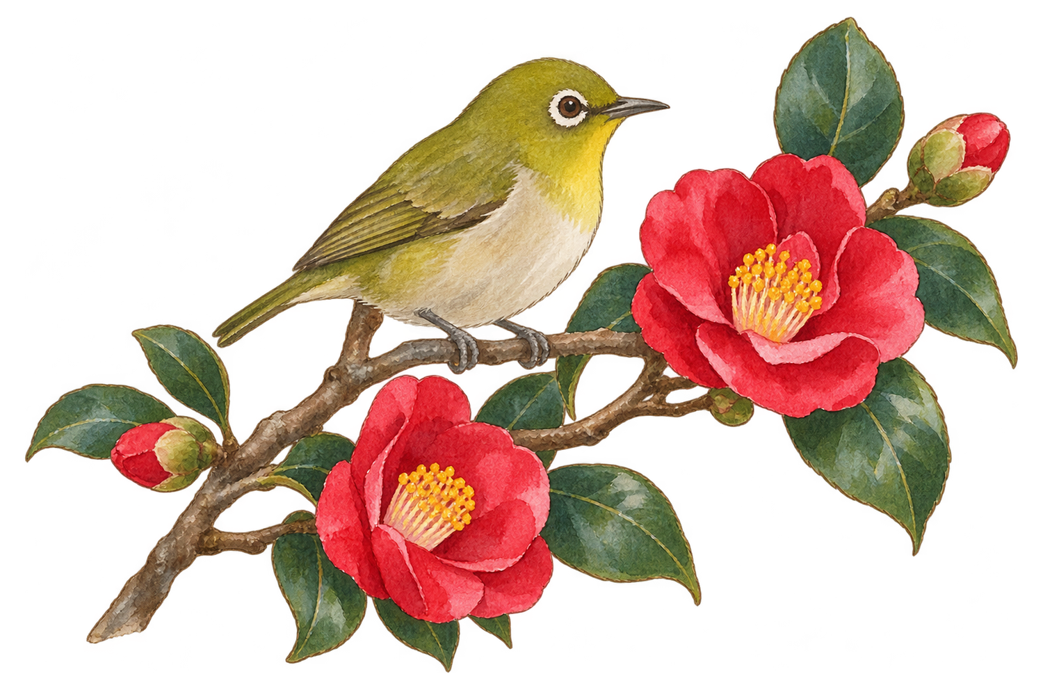 椿の枝に止まるメジロ一羽の水彩イラスト｜冬の花と鳥の無料素材 104853に写真・文字を入れる