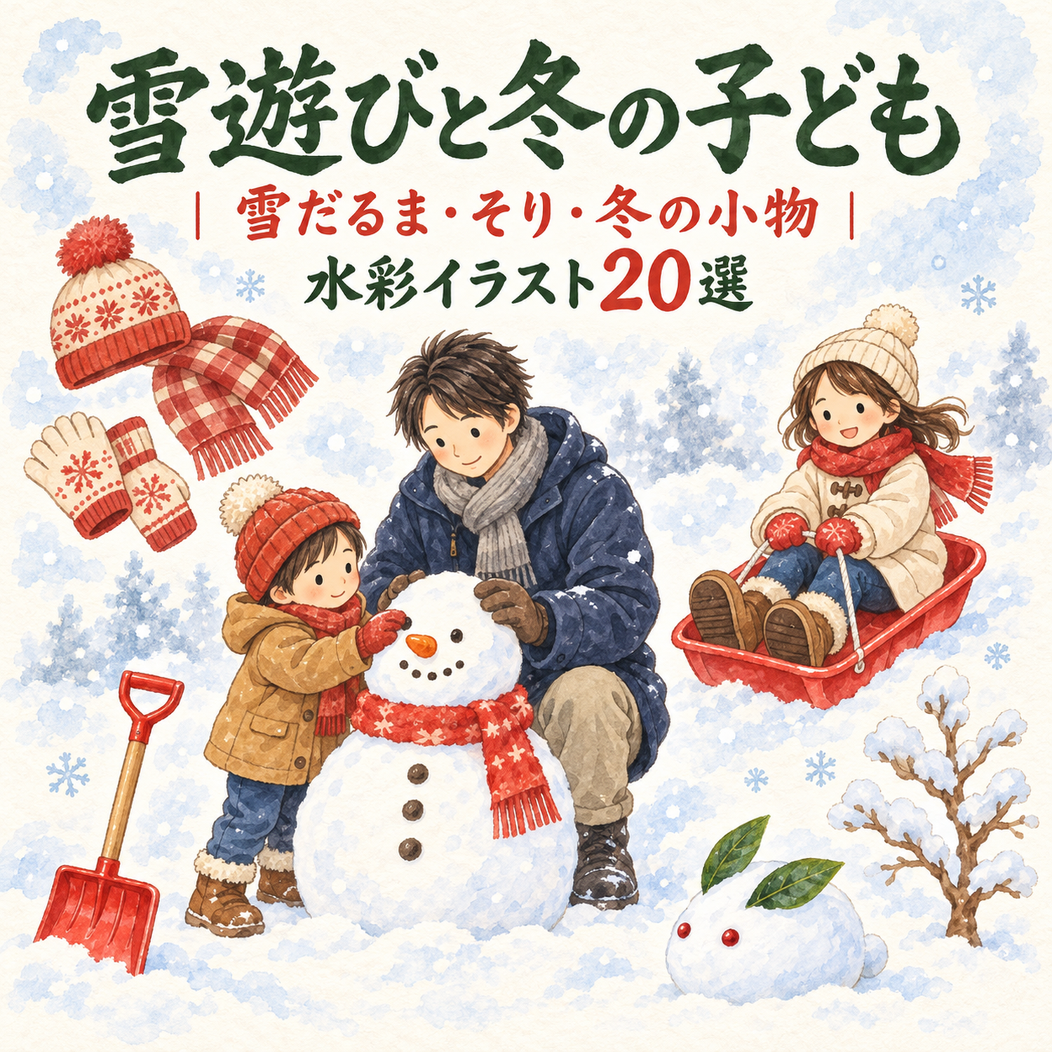 雪遊び・冬の子ども20選｜水彩イラストの無料素材 104856に写真・文字を入れる