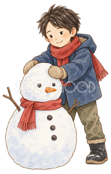 雪だるまを作る男の子の水彩イラスト｜雪遊びの無料素材 104857