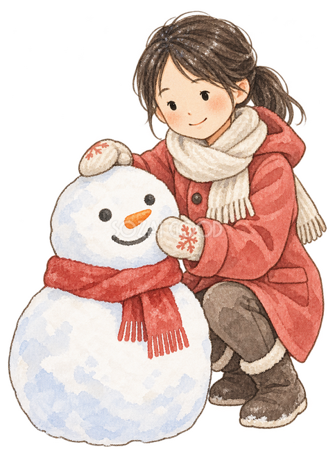 雪だるまを作る女の子イラスト