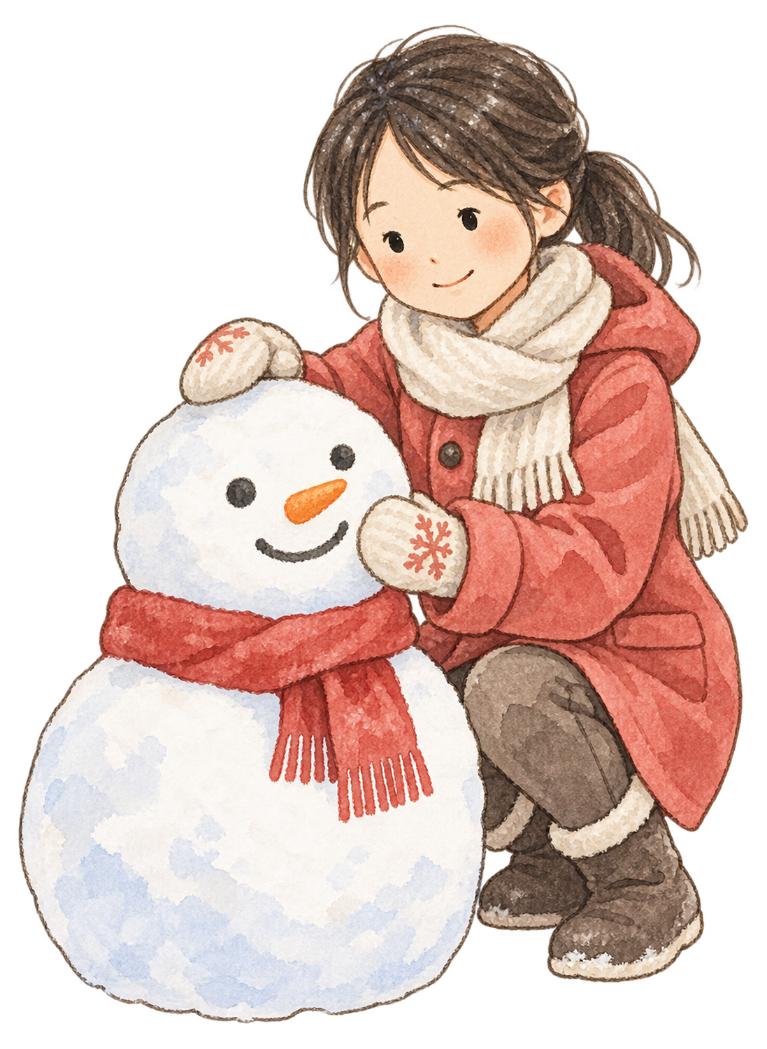 雪だるまを作る女の子の水彩イラスト｜雪遊びの無料素材 104858に写真・文字を入れる