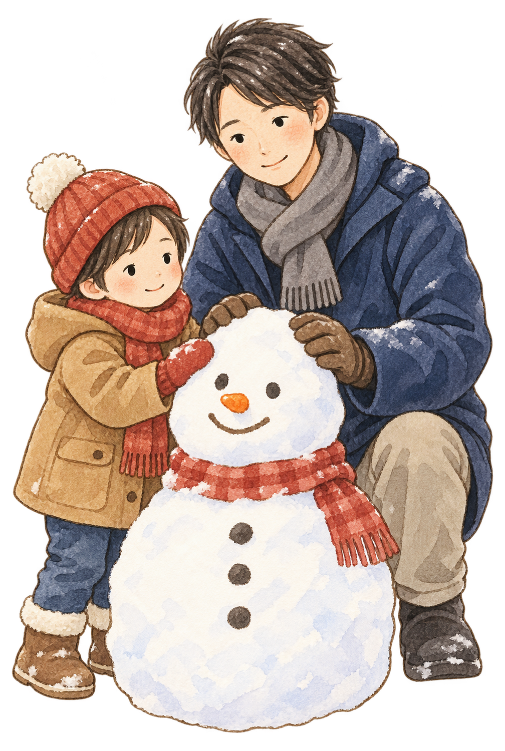 雪だるまを作る親子二人の水彩イラスト｜雪遊びの無料素材 104859に写真・文字を入れる