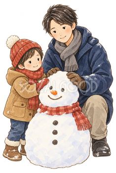 雪だるまを作る親子二人の水彩イラスト｜雪遊びの無料素材 104859