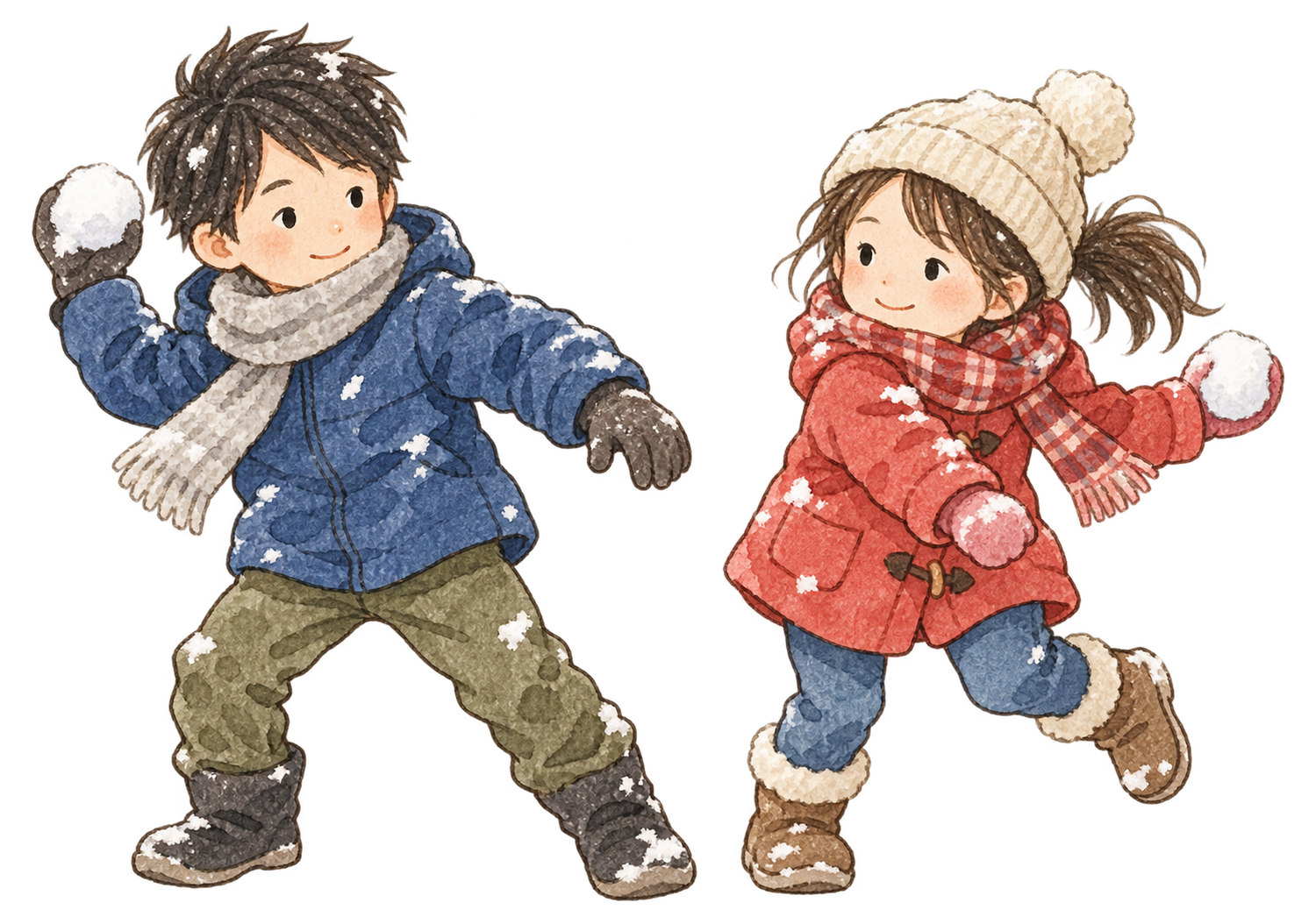 雪合戦をする子ども二人の水彩イラスト｜雪遊びの無料素材 104860に写真・文字を入れる