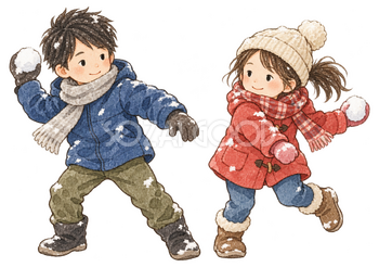 雪合戦をする子ども二人の水彩イラスト｜雪遊びの無料素材 104860