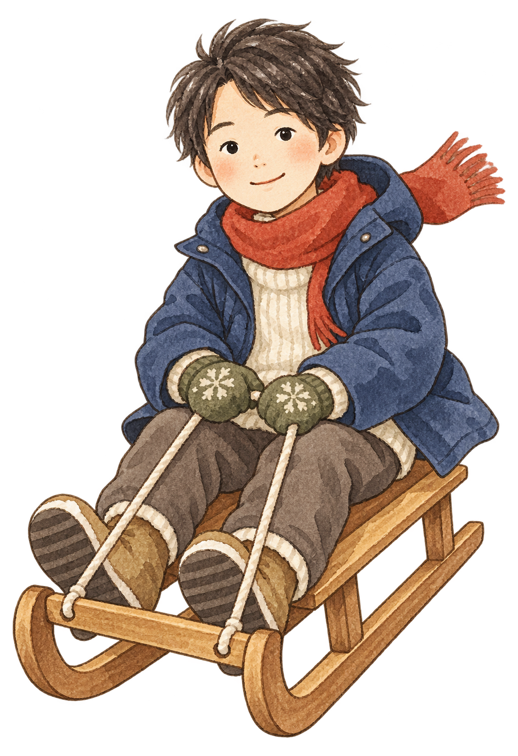そりに乗る男の子の水彩イラスト｜雪遊びの無料素材 104861に写真・文字を入れる