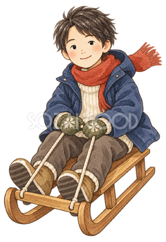 そりに乗る男の子の水彩イラスト｜雪遊びの無料素材 104861