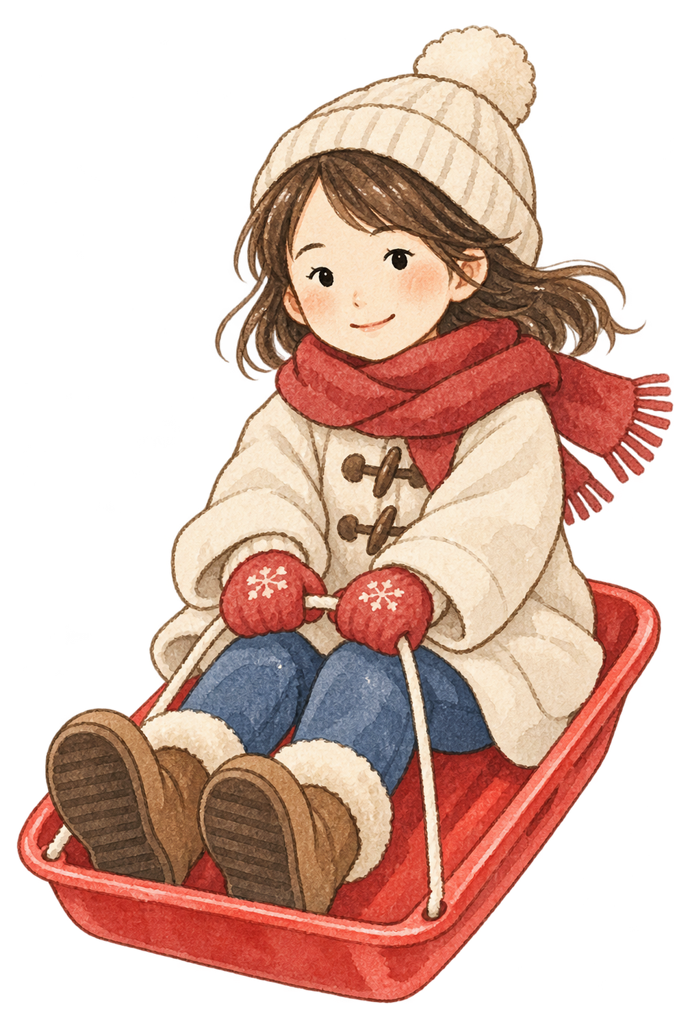 そりに乗る女の子の水彩イラスト｜雪遊びの無料素材 104862に写真・文字を入れる