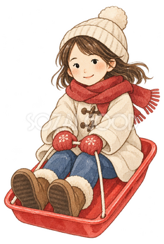 そりに乗る女の子の水彩イラスト｜雪遊びの無料素材 104862