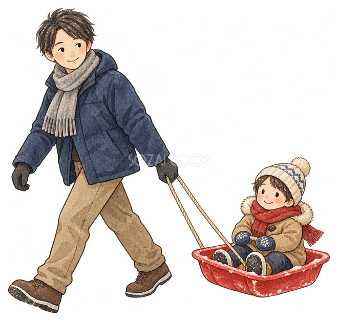 そりを引く父親と乗る子どもの二人イラスト そりを引く父親と乗る子どもの二人イラスト