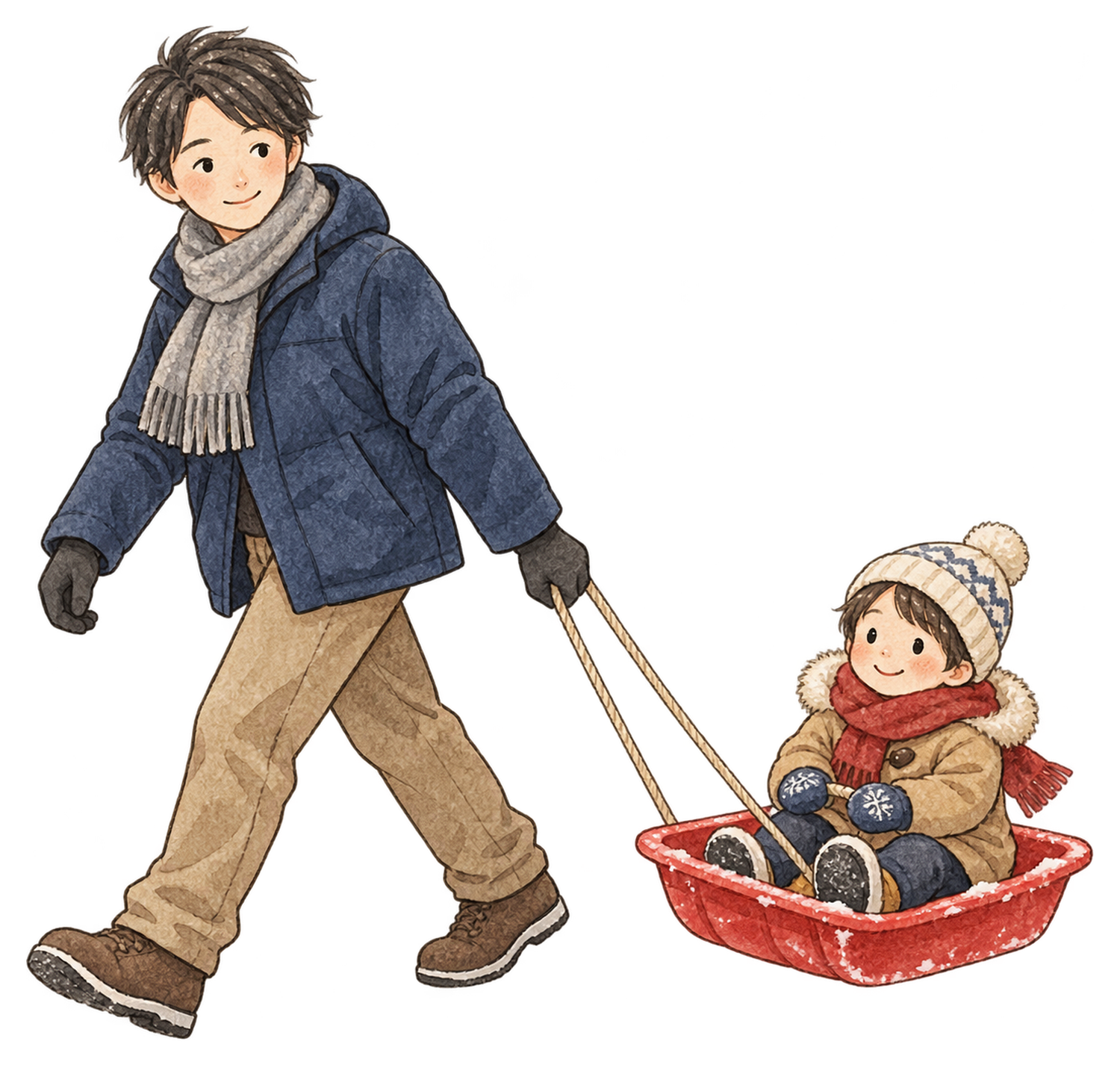 そりを引く父親と乗る子どもの二人の水彩イラスト｜雪遊びの無料素材 104863に写真・文字を入れる