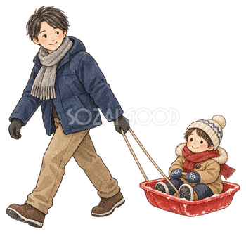 そりを引く父親と乗る子どもの二人の水彩イラスト｜雪遊びの無料素材 104863