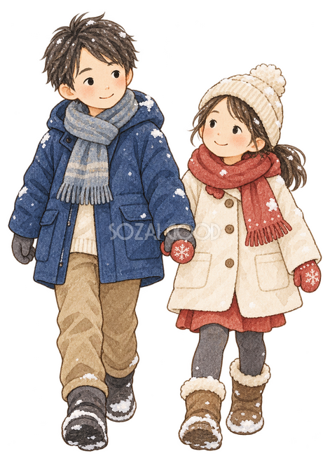 雪の上を歩く子ども二人イラスト 雪の上を歩く子ども二人イラスト