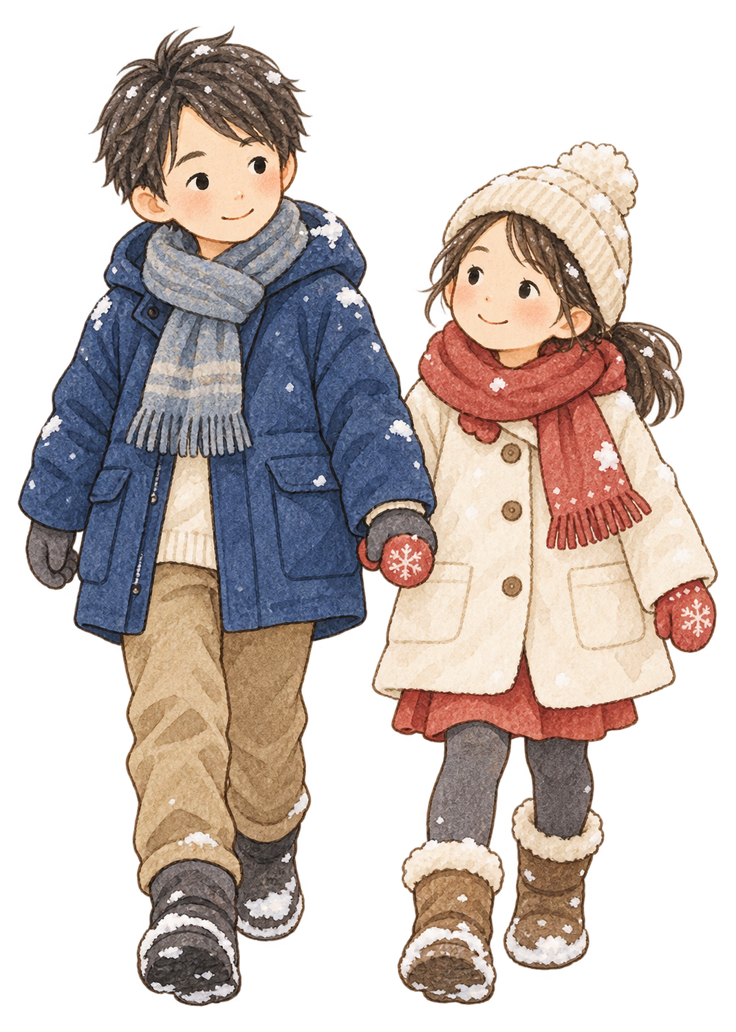雪の上を歩く子ども二人の水彩イラスト｜雪遊びの無料素材 104864に写真・文字を入れる