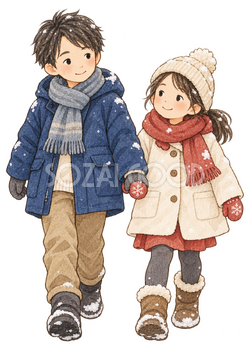 雪の上を歩く子ども二人の水彩イラスト｜雪遊びの無料素材 104864