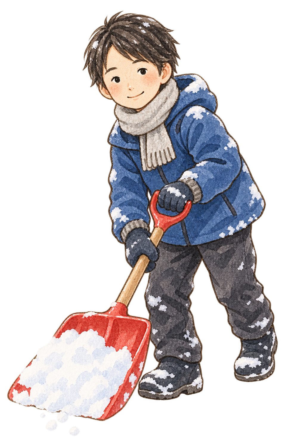 雪かきをする男の子の水彩イラスト｜雪遊びの無料素材 104866に写真・文字を入れる