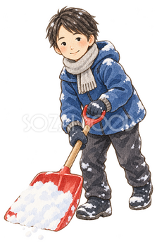 雪かきをする男の子の水彩イラスト｜雪遊びの無料素材 104866