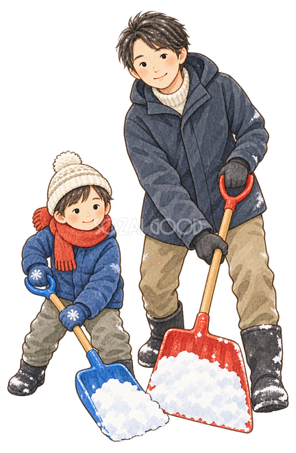 雪かきをする親子二人イラスト 雪かきをする親子二人イラスト