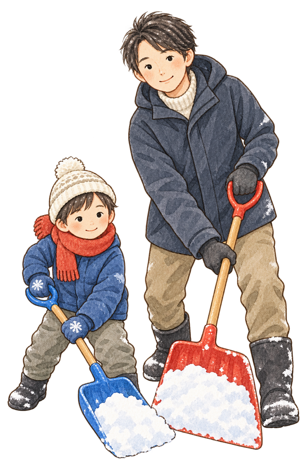 雪かきをする親子二人の水彩イラスト｜雪遊びの無料素材 104867に写真・文字を入れる