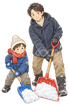 雪かきをする親子二人の水彩イラスト｜雪遊びの無料素材 104867
