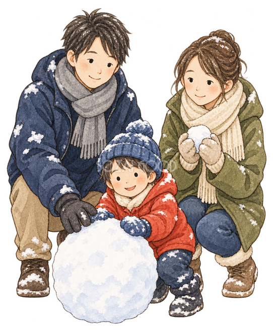 雪遊びで笑う家族三人イラスト