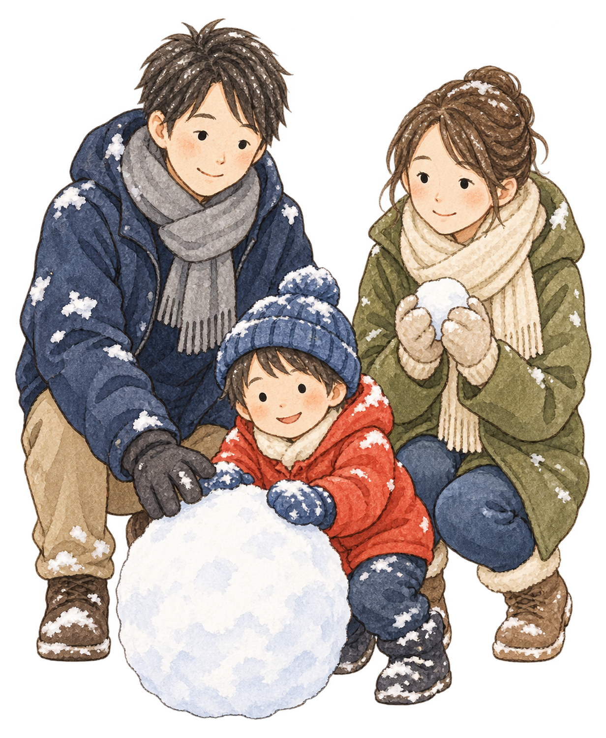 雪遊びで笑う家族三人の水彩イラスト｜雪遊びの無料素材 104876に写真・文字を入れる