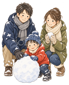 雪遊びで笑う家族三人の水彩イラスト｜雪遊びの無料素材 104876