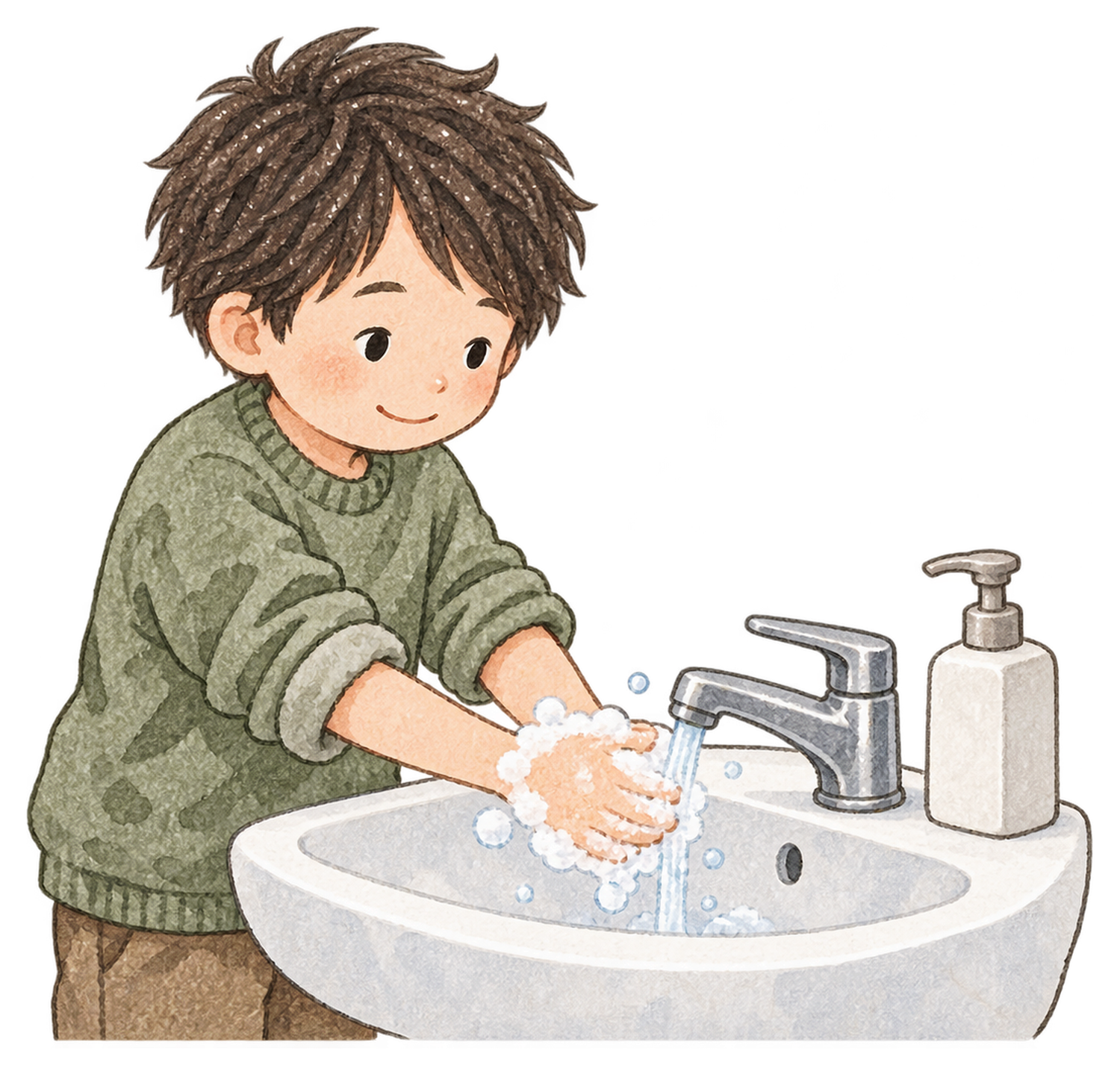 手を洗う男の子の水彩イラスト｜冬の生活習慣の無料素材 104878に写真・文字を入れる
