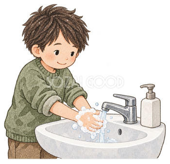 手を洗う男の子の水彩イラスト｜冬の生活習慣の無料素材 104878