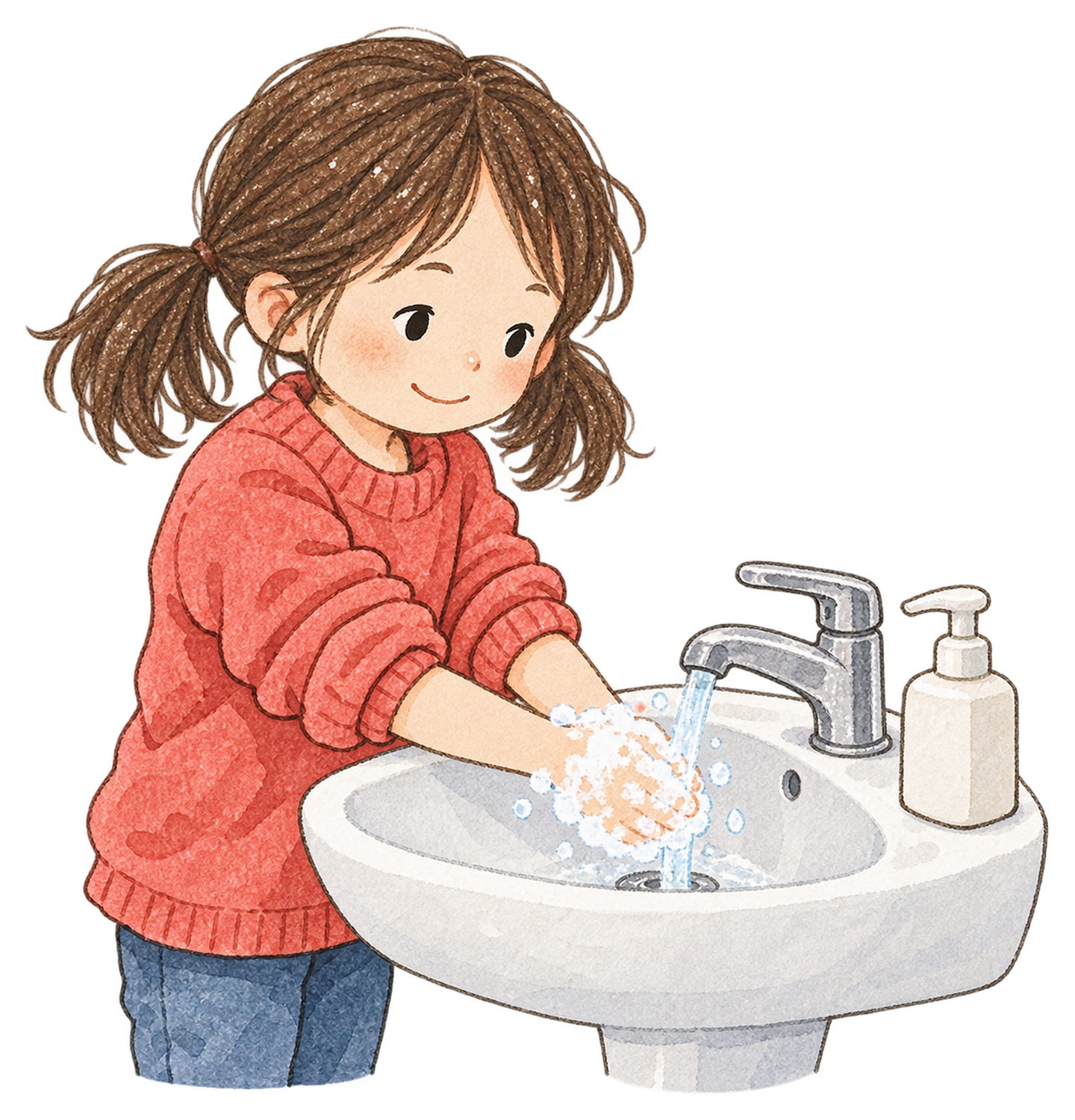 手を洗う女の子の水彩イラスト｜冬の生活習慣の無料素材 104879に写真・文字を入れる