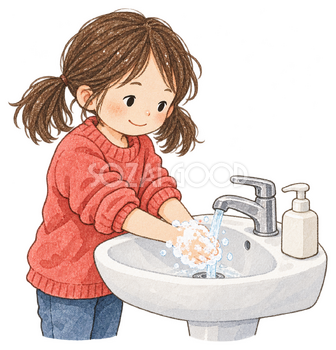 手を洗う女の子の水彩イラスト｜冬の生活習慣の無料素材 104879
