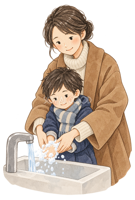 手洗いを教える母親と子どもの二人イラスト 手洗いを教える母親と子どもの二人イラスト