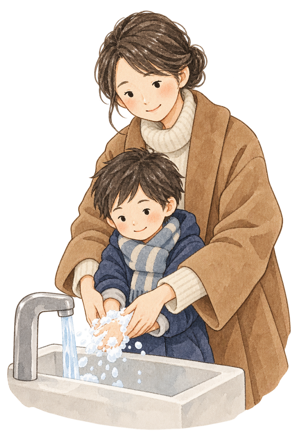 手洗いを教える母親と子どもの二人の水彩イラスト｜冬の生活習慣の無料素材 104880に写真・文字を入れる