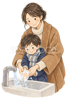 手洗いを教える母親と子どもの二人の水彩イラスト｜冬の生活習慣の無料素材 104880