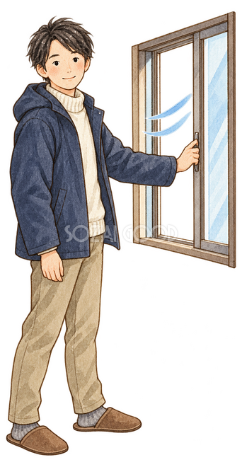 窓を開けて換気する成人男性イラスト 窓を開けて換気する成人男性イラスト